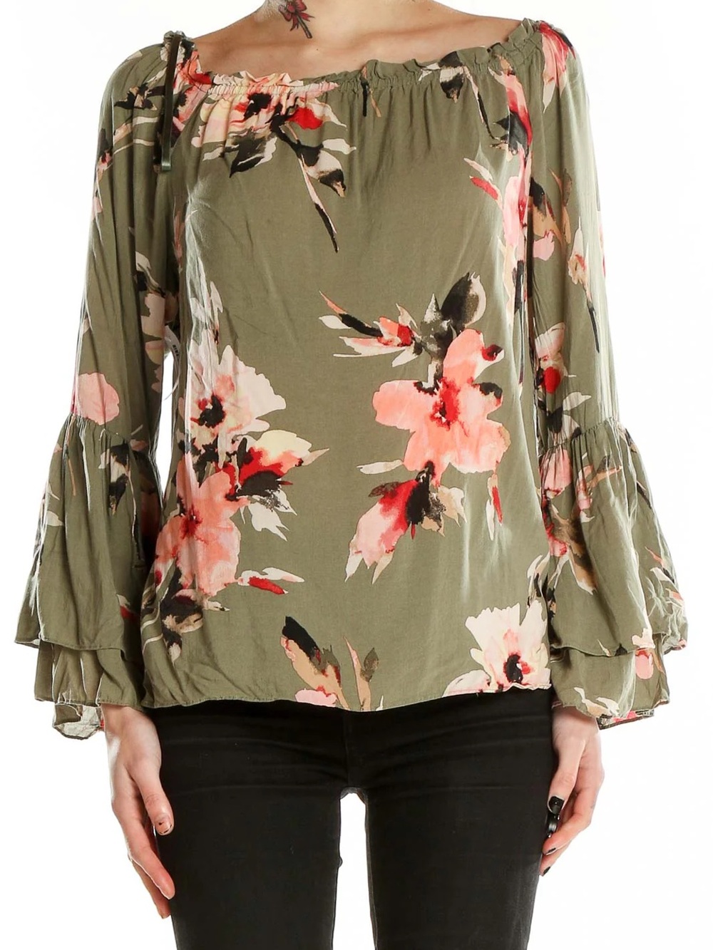 WHBM Olive Green Floral Off-Shoulder Blouse Tiered Flared Sleeves Sz S (T4) - Picture 1 of 10